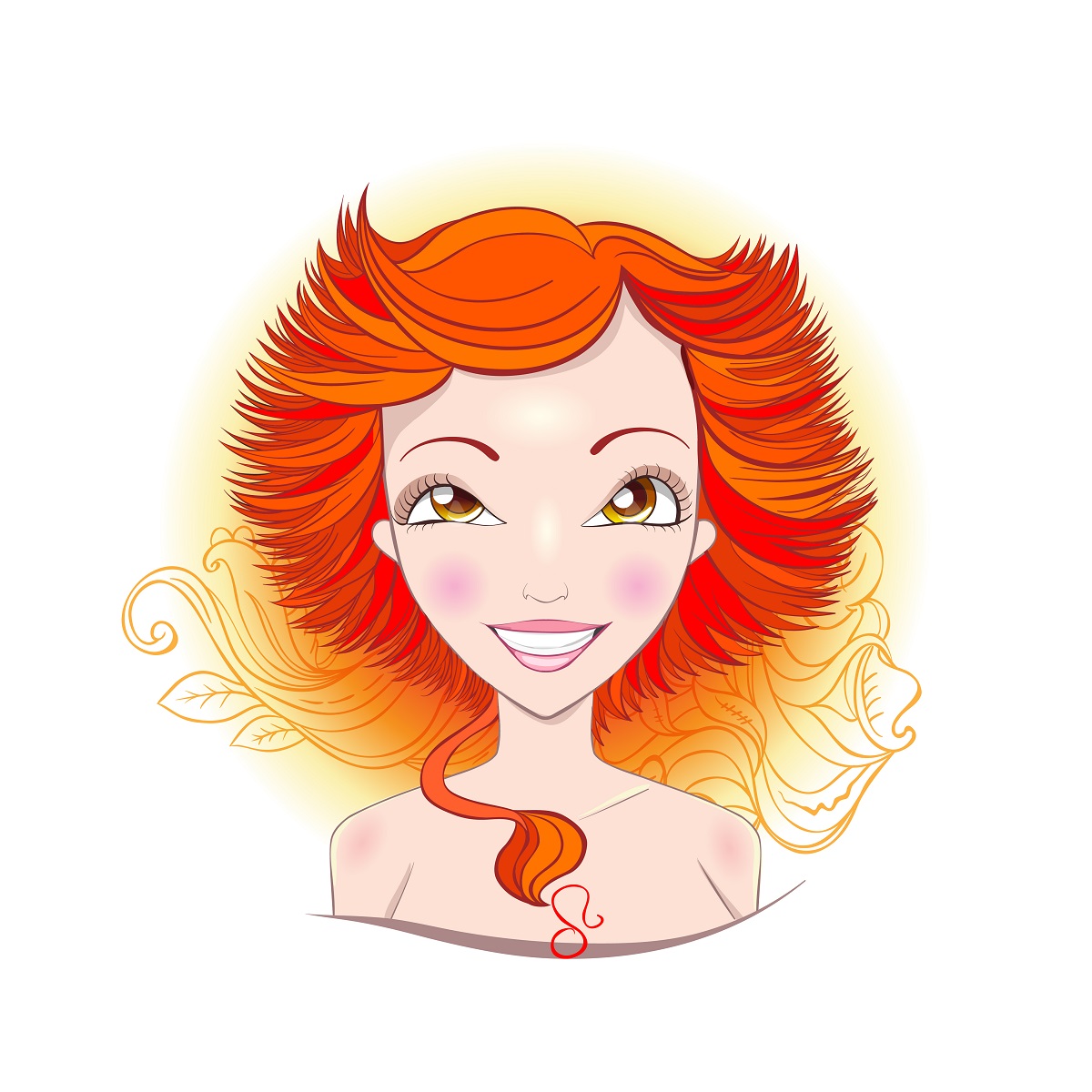 O femeie frumoasă roșcată cu părul scurt reprezentând zodia Leului
