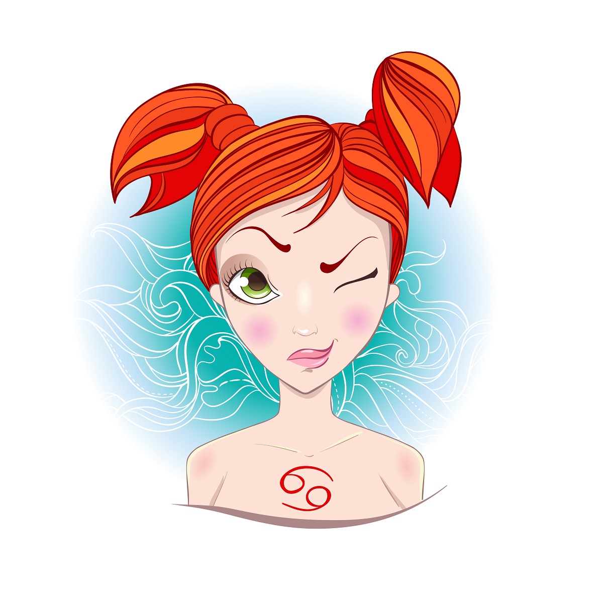 O femeie frumoasă, roșcată, care are părul prins în două codițe și face cu ochiul, reprezentând zodia Racului