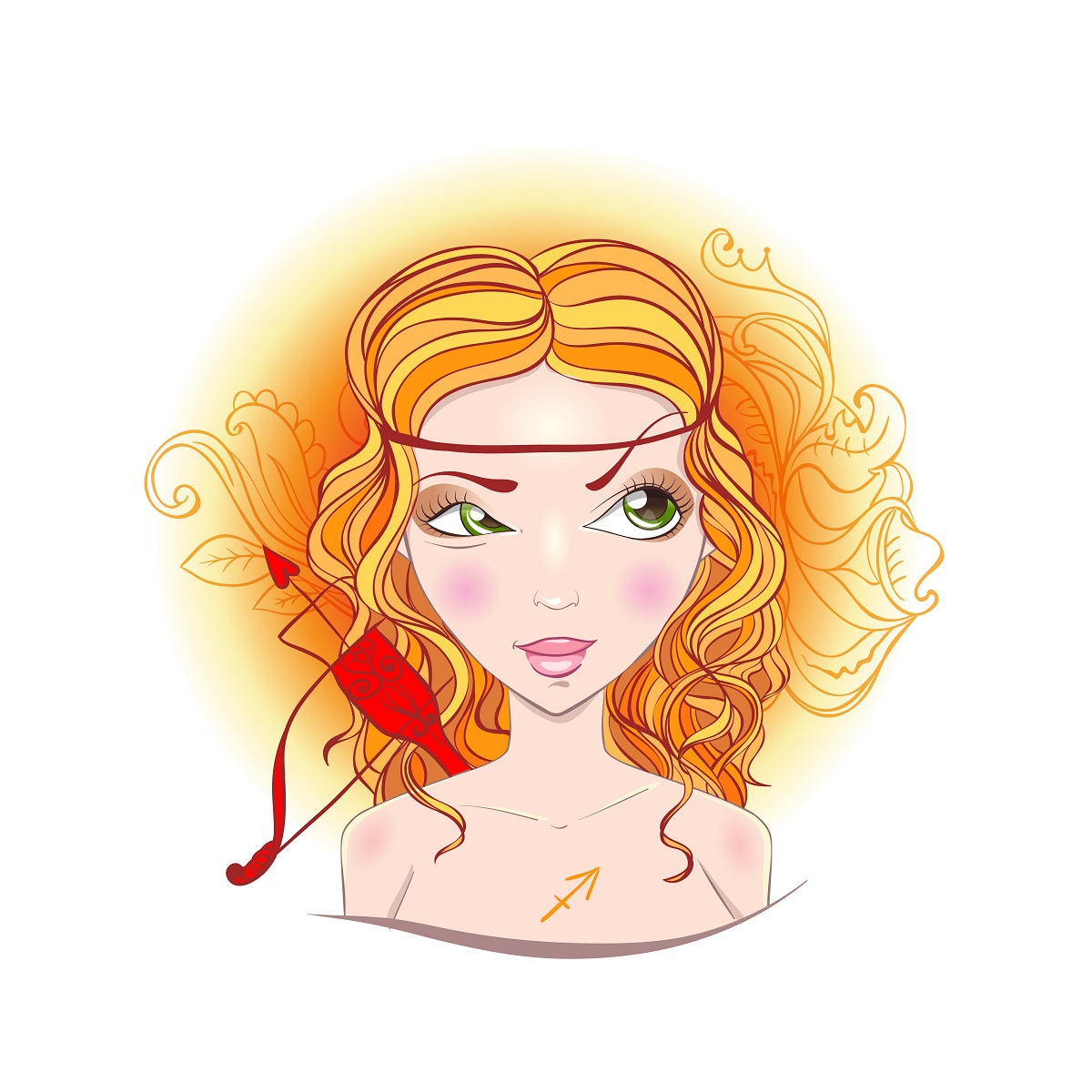 O femeie frumoasp cu părul blond și creț reprezentând zodia Săgetătorului