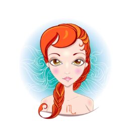 O femeie frumoasă cu părul roșcat care are părul prins într-o coadă de pește reprezentând zodia Scorpionului
