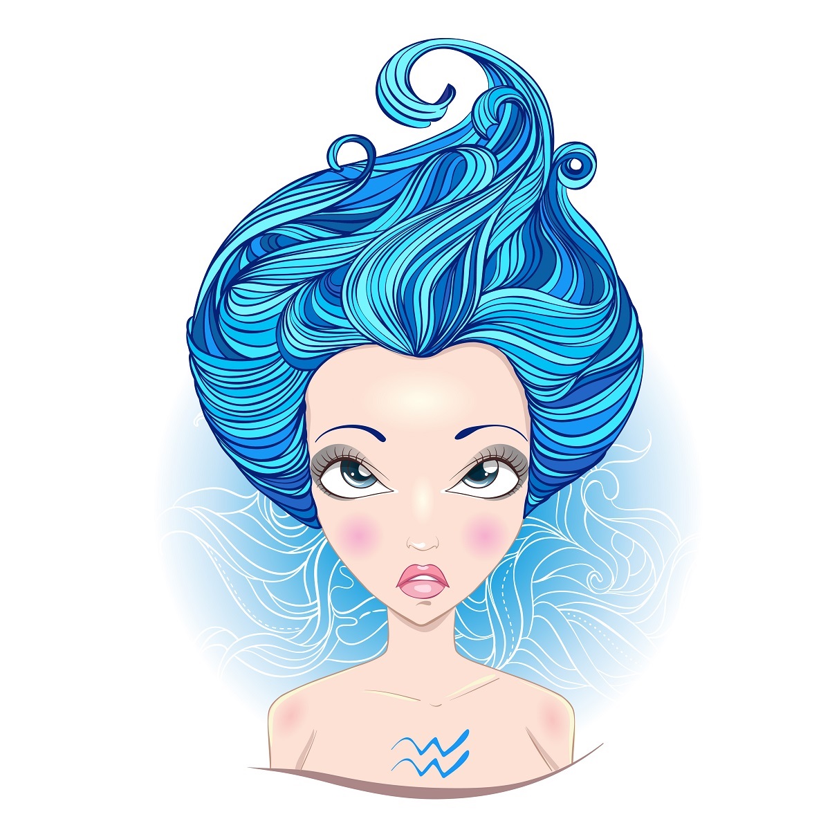 O femeie frumoasa cu parul albastru reprezentand zodia Vărsătorului