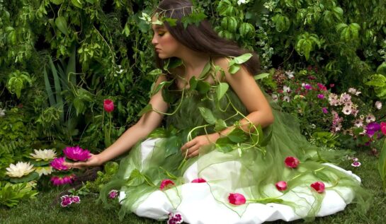 O femeie frumoasă care poartă o rochie albă împodobită cu frunze și flori și care culege flori de nufăr roz pentru a reprezenta acele gesturi pe care zodiile de pământ le adoră într-o relație