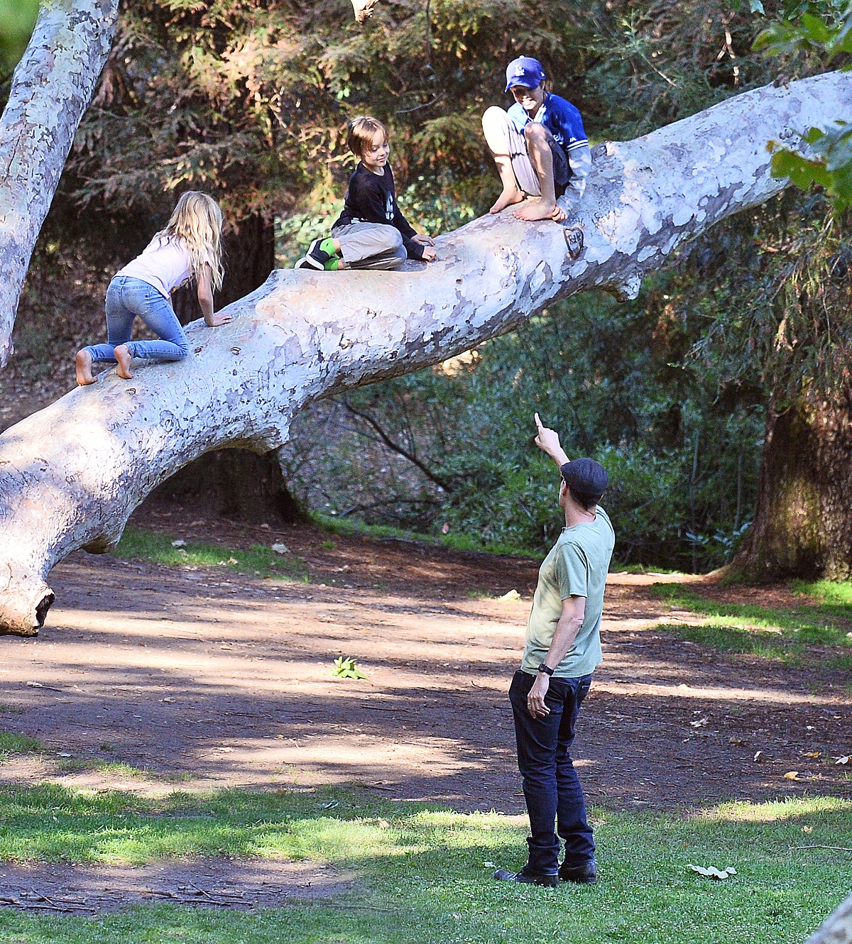 James Haven Voight într-un parc în timp ce se uită la trei dintre copiii Angelinei Jolie care s-au urcat pe o cracă a copacului