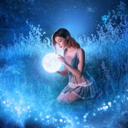 O femeie frumoasă care ține în mâini Luna Nouă în zodia Leilor și formează în jurul său o linie de lumină albastră