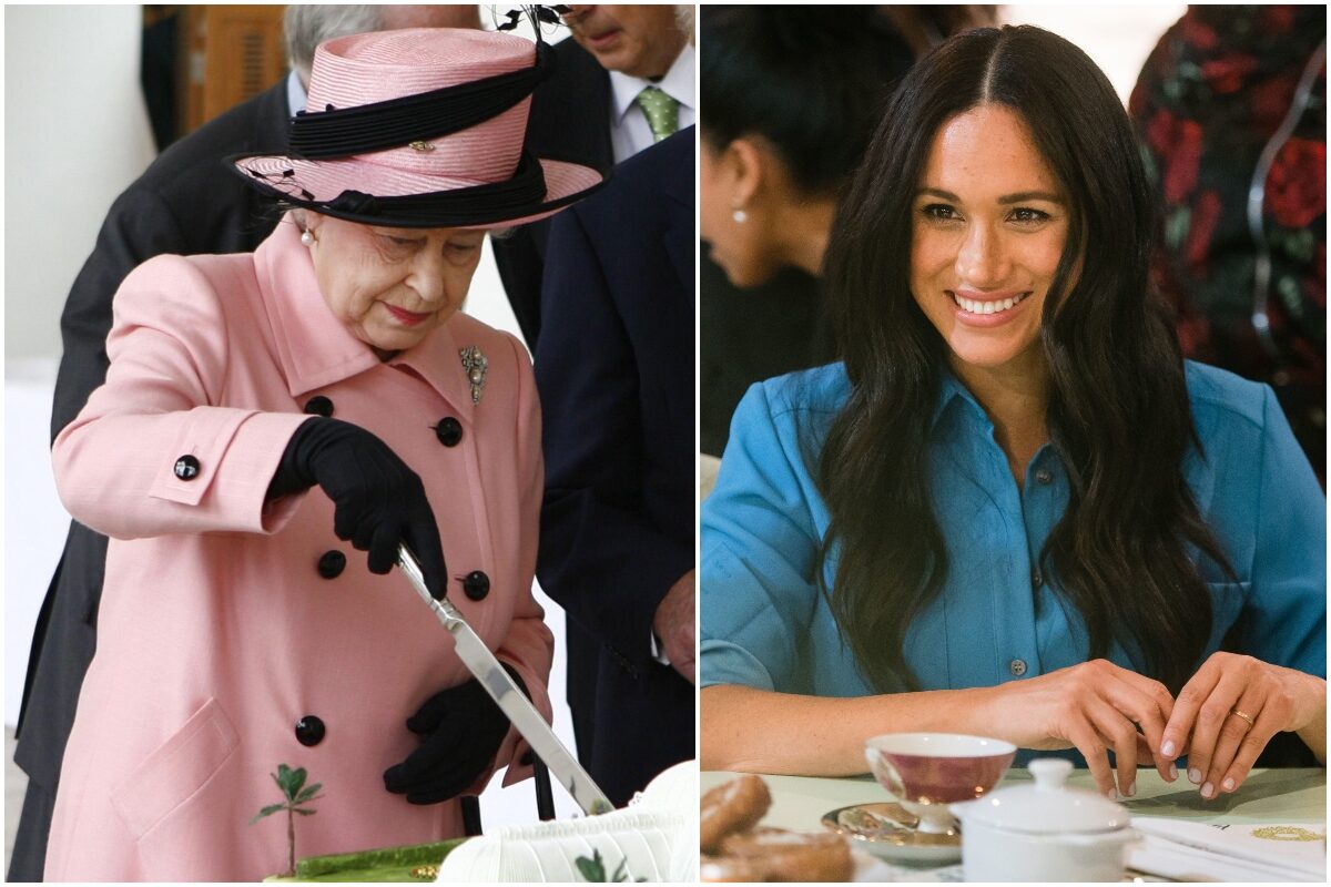 Colaj Regina Elisabeta a II-a și Meghan Markle. Regina e ămbrăcată în roz și taie un tort. Meghan e îmbrăcată în albastru și stă la o masă albă
