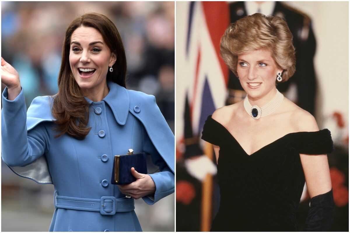 Colaj cu Prințesa Diana și Kate Middleton. Kate poartă o ținută albastră și face cu mâna, Printesa Diana poartă o rochie neagră, decoltată, cu un colier renumit