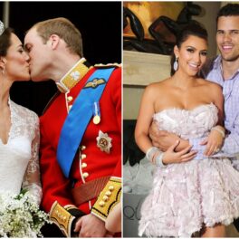 Colaj Kate Middleton și Prințul William, Kim Kardashian și Kris Humphreis. Kate și William se sărută pe balcon, ea în rochie de mireasă, el în uniformă roșie. În a doua poză, Kris poartă cămașă albastră, ea poartă o rochie mov cu decolteu
