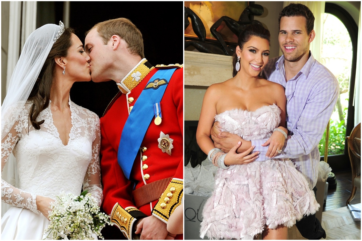 Colaj Kate Middleton și Prințul William, Kim Kardashian și Kris Humphreis. Kate și William se sărută pe balcon, ea în rochie de mireasă, el în uniformă roșie. În a doua poză, Kris poartă cămașă albastră, ea poartă o rochie mov cu decolteu