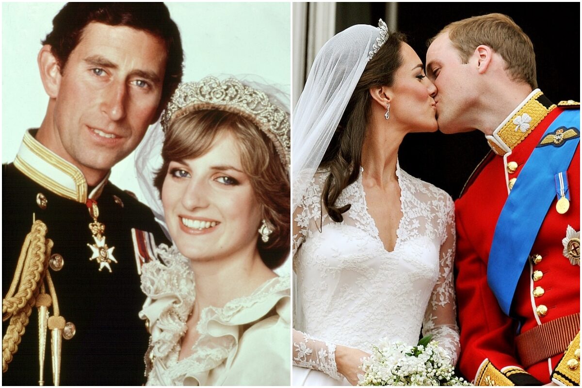 Colaj Prințesa Diana și Prințul Charles, Kate Middleton și Prințul William în zilele nunții. Diana și Charles au fost fotografiați cu un fundal alb, unul lângă altul, Charles îmbrăcat în uniformă neagră. Kate și William se sărută pe balcon, el îmbrăcat în uniformă roșie