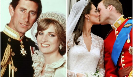 Colaj Prințesa Diana și Prințul Charles, Kate Middleton și Prințul William în zilele nunții. Diana și Charles au fost fotografiați cu un fundal alb, unul lângă altul, Charles îmbrăcat în uniformă neagră. Kate și William se sărută pe balcon, el îmbrăcat în uniformă roșie