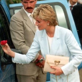 Prințesa Diana a vizitat Argentina în 1995 și l-a cunoscut pe președintele de atunci, Carlos Menem. Ea a purtat un costum albatru deschis, cu o bluză albă și o geantă bej. Are un trandafir în mâna și stă lângă o mașină