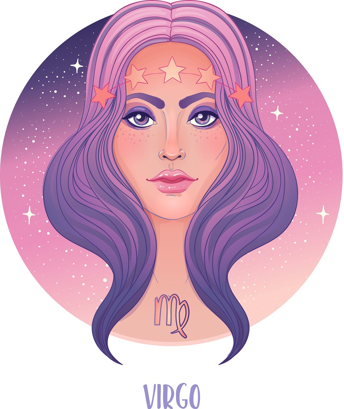 O femeie frumoasă cu părul mov care poartă o coroniță cu stele pe frunte și reprezintă nativul din zodia Fecioarei