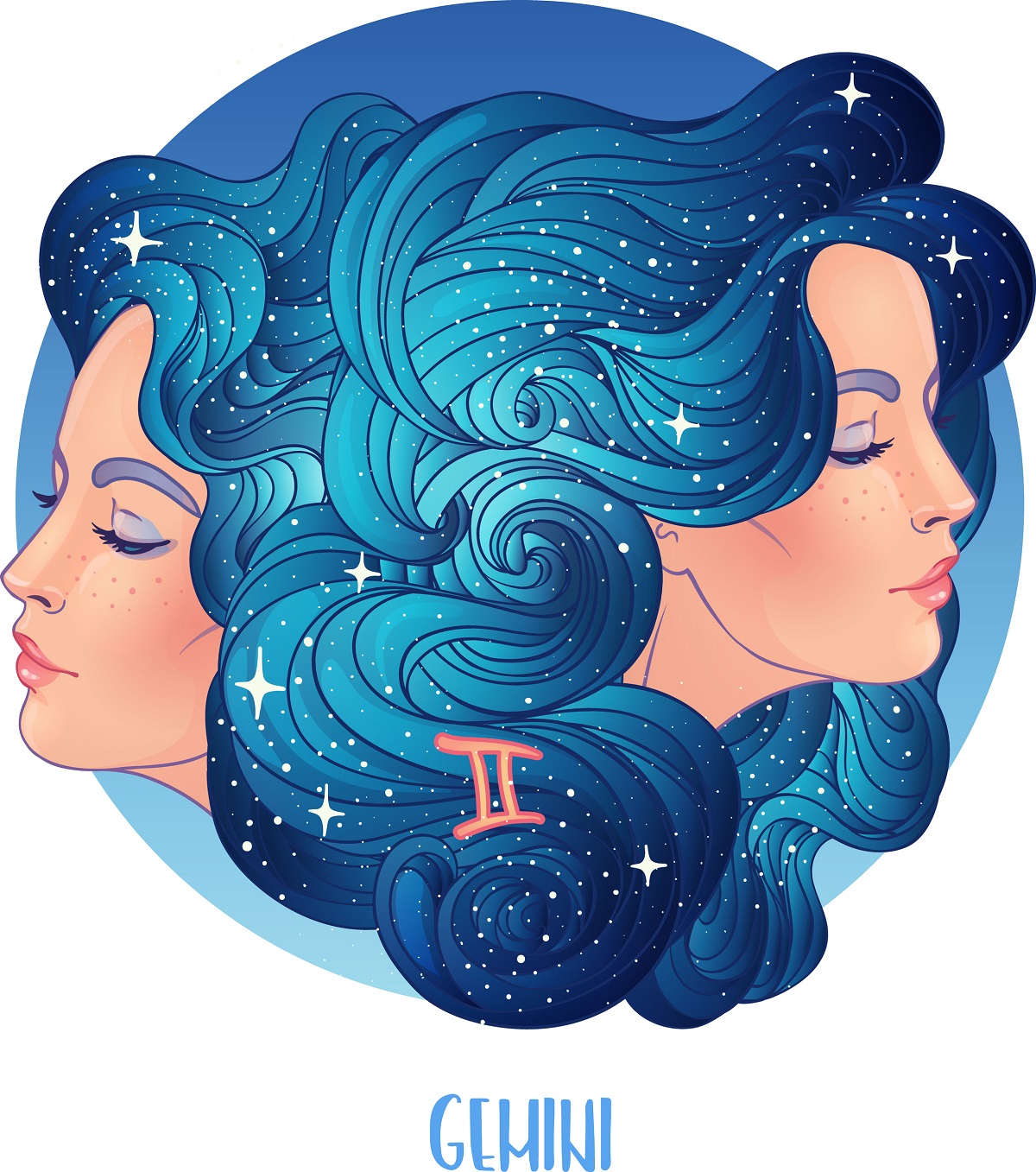 Două femei cu părul albastru care stau spate în spate cu ochii închiși și reprezintă nativii din zodia Gemenilor