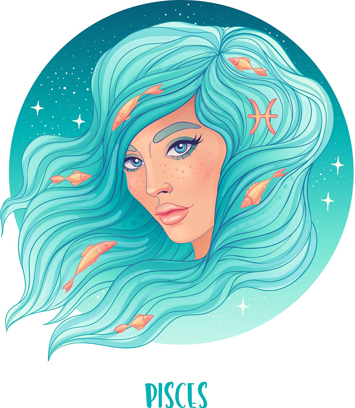 O femeie superbă cu părul lung albastru deschis care are animale marine în păr care este o reprezentare a nativului din zodia Peștilor