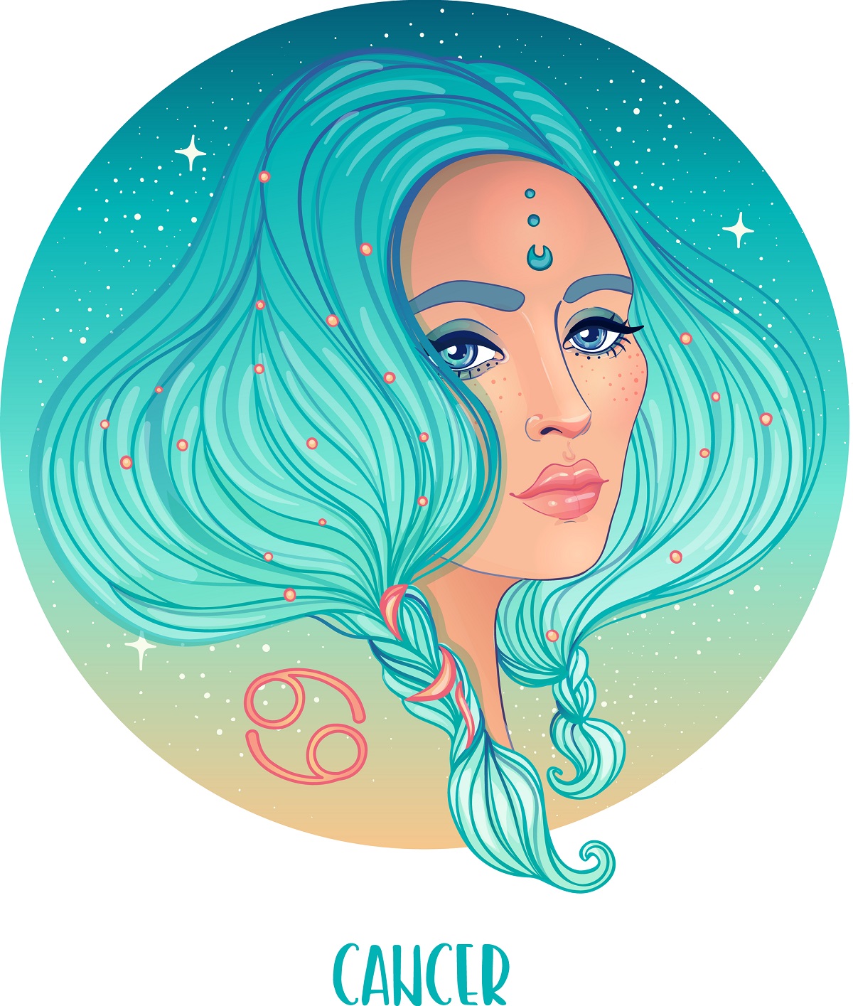 O femeie frumoasă cu părul albastru deschis prins în două codițe care reprezintă nativul din zodia Racului