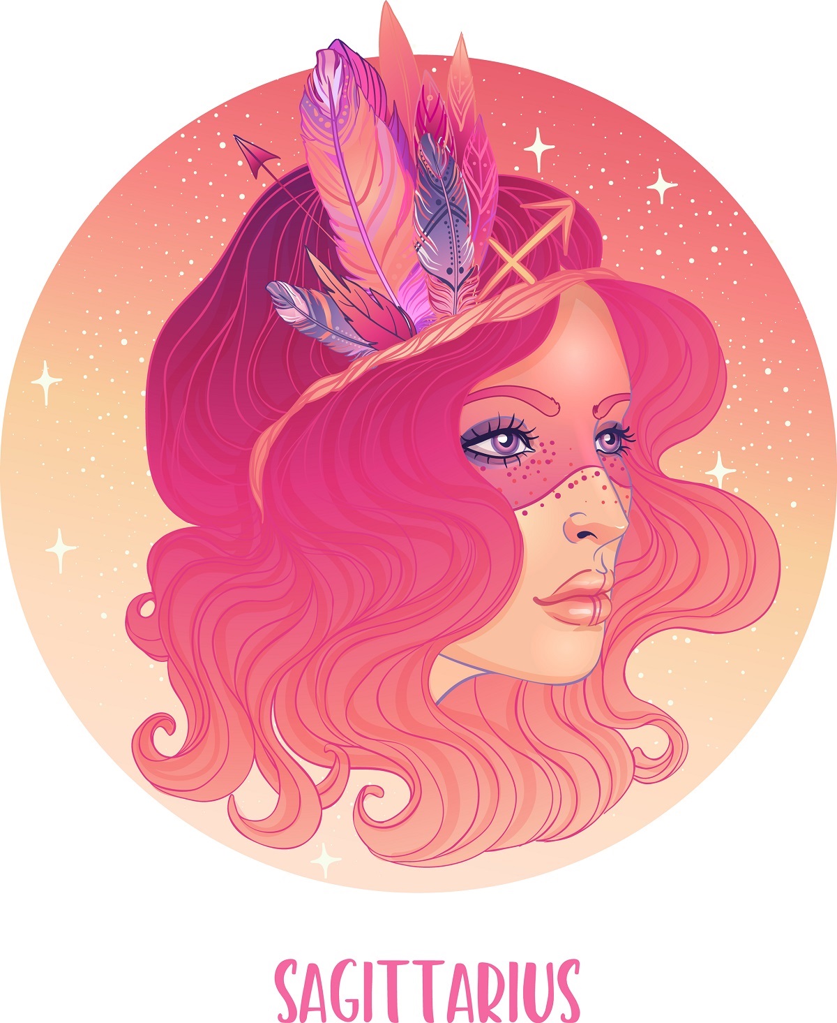 O femeie frumoasă cu părul roz și cu pene prinse în el care este o reprezentare a nativului din zodia Săgetătorului