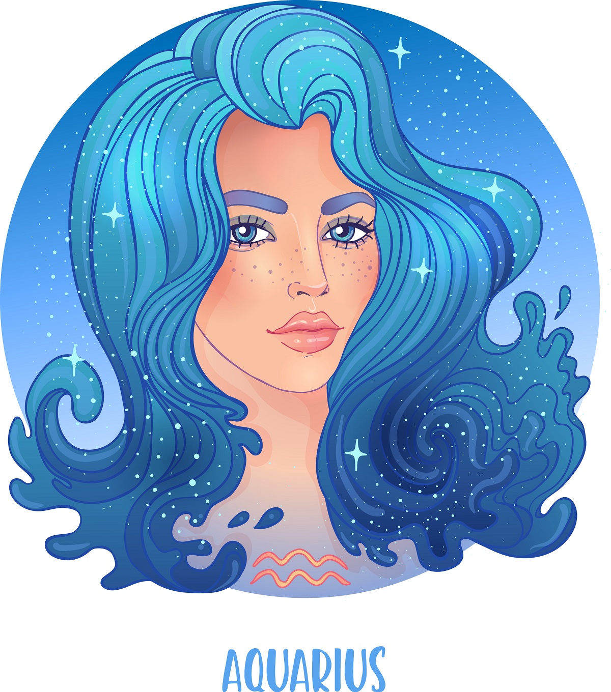 O femeie frumoasă cu părul foarte lung și albastru care este o reprezentare a zodiei Vărsătorului