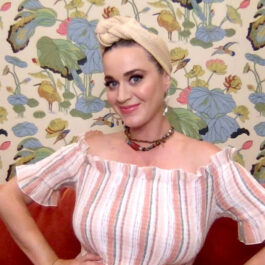 Katy Perry, cu bandană pe cap, îmbrăcată lejer, în casă, în timpul unei conferințe pe ZOOM