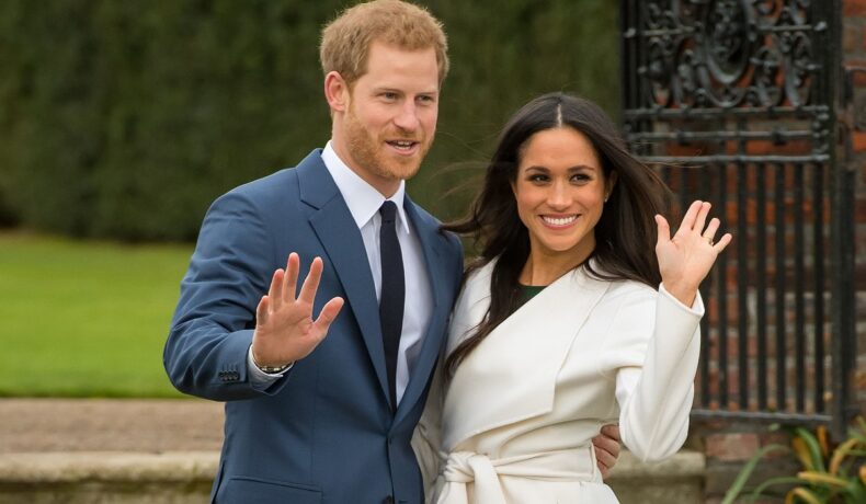 Prințul Harry și Meghan Markle, anunțul despre logodnă, noiembrie 2017. El poartă un costum albastru, cu o cravată albastră. Ea poartă un perdesiu alb și are părul desprins. Fundal cu verdeață