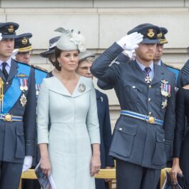 Prințul William, Kate Middleton, Prințul Harry, Meghan Markle au participat împreună la ceremonia RAF 100, de la Buckingham Palace, în anul 2018. Ei au purtat costumele lor albastre, Kate s-a îmbrăcat într-o ținută albastră, Meghan a purtat o ținută neagră