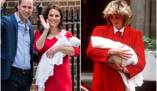 Colaj cu Prințesa Diana și Kate Middleton, ambele îmbrăcate în rochii roșii cu guler alb. Kate și William după nașterea Prințului Louis, Diana după nașterea Prințului Harry
