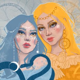 Două femei frumoase, una albastră și una galbenă care reprezintă soarele și luna, ziua și noaptea, pentru a marca echinocțiul de toamnă