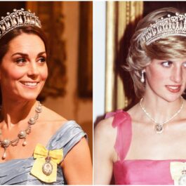 Colaj Kate Middleton și Diana, ambele purtând tiara cu diamante Cambridge. Kate poartă o rochie albastră, cu un colier și cercei din perle, Diana poartă o rochie roz, cu un colier mic