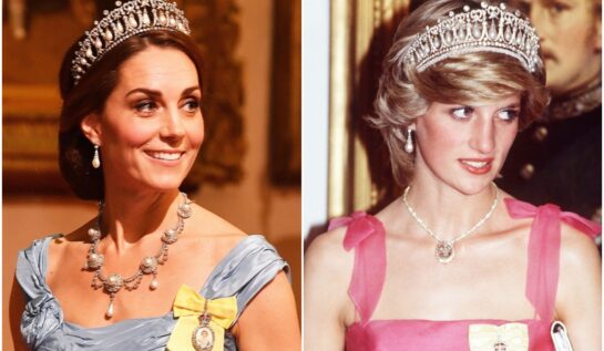 Colaj Kate Middleton și Diana, ambele purtând tiara cu diamante Cambridge. Kate poartă o rochie albastră, cu un colier și cercei din perle, Diana poartă o rochie roz, cu un colier mic