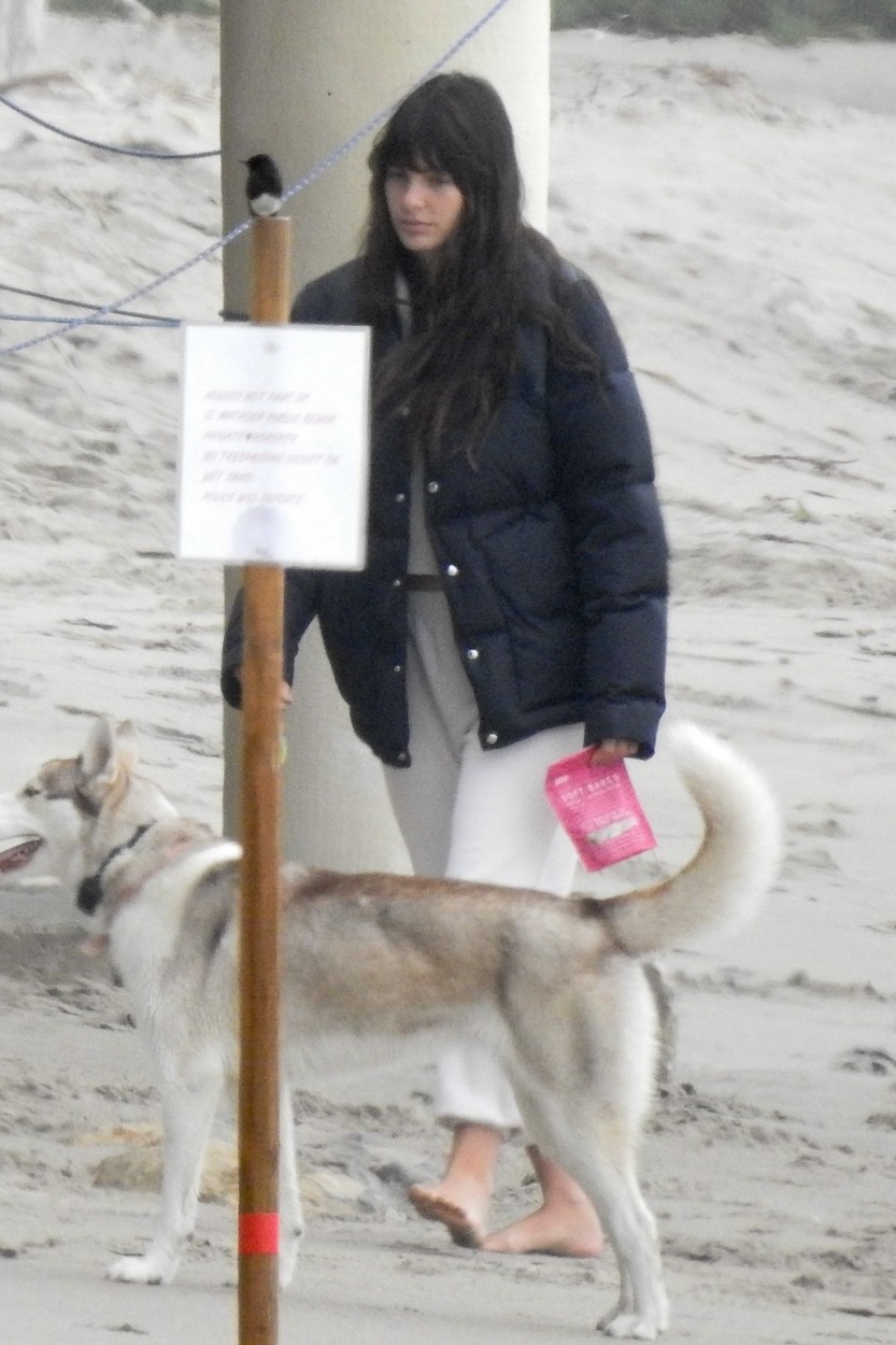 Camila Morrone, fotografiată în timp ce plimbă câinele pe plajă, în 2019