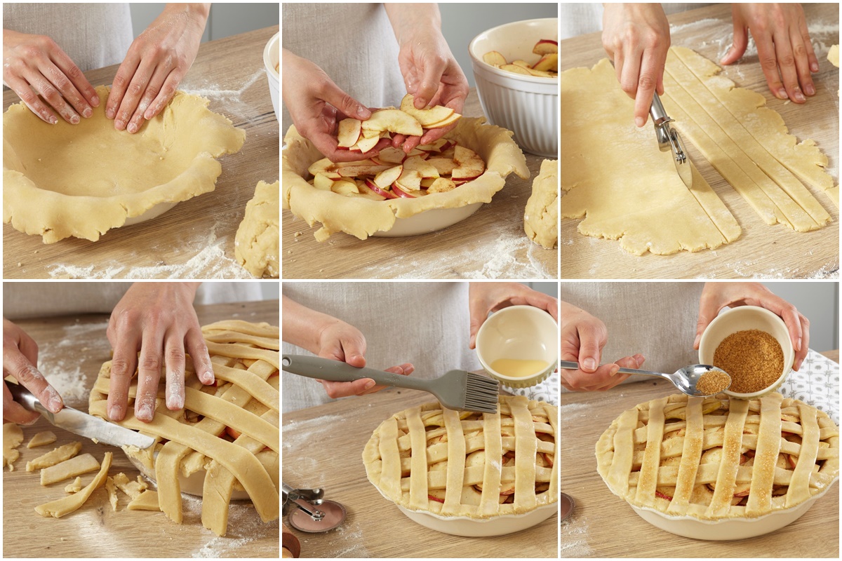 Colaj de poze cu pașii de asamblare a plăcintei americane cu mere