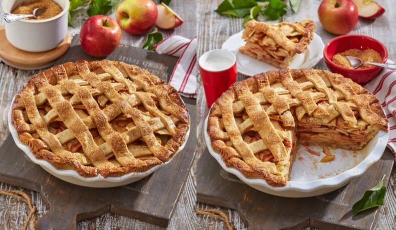 Colaj de poze cu prezentarea plăcintei americane cu mere, întreagă și secționată