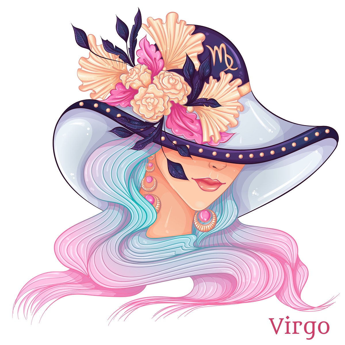 O femeie frumoasă cu o pălărrie mare pe cap cu flori pentru a reprezenta zodia fecioarei