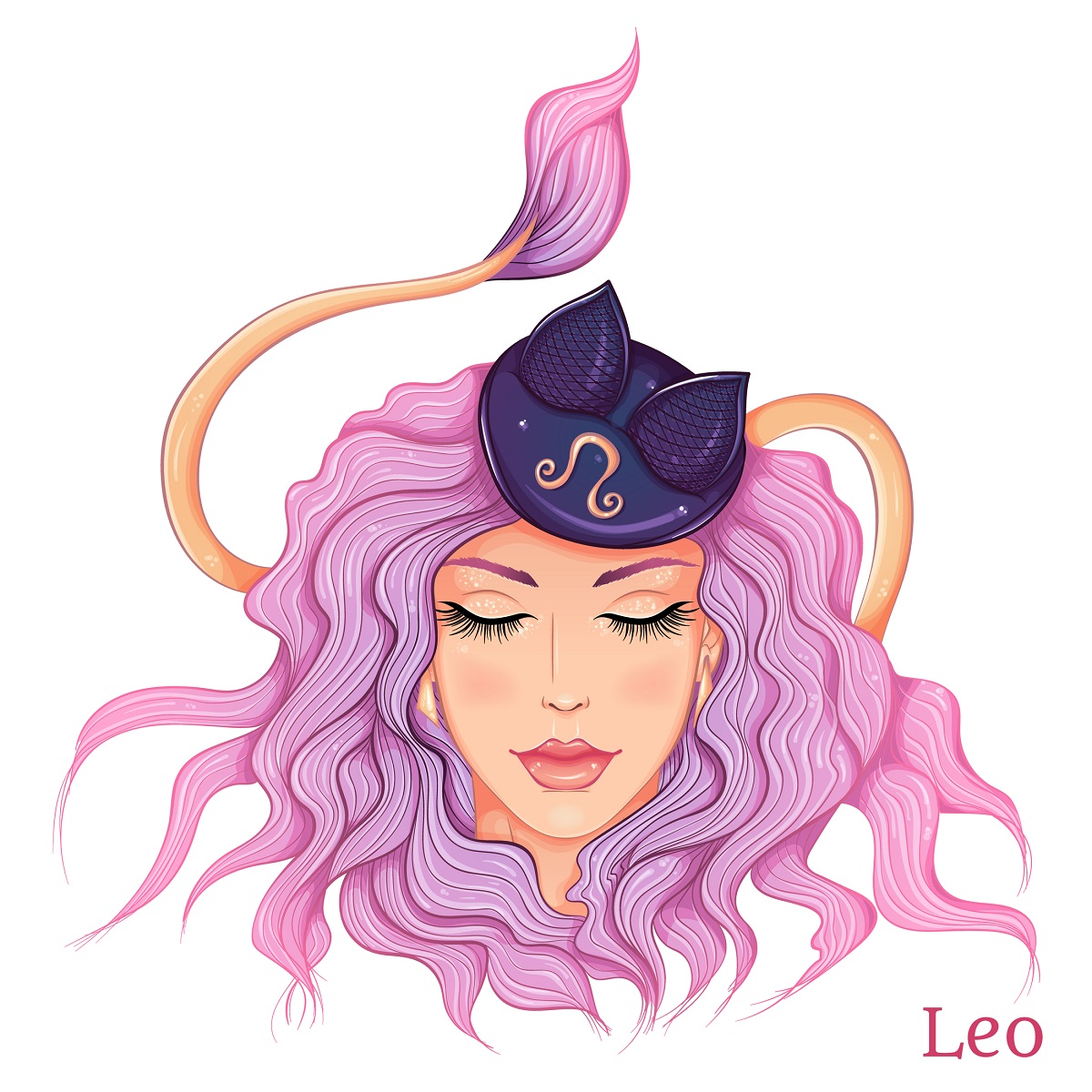 O femeie frumoasă cu părul lung și mov, care poartă o pălăriuță pe cap și reprezintă zodia leului