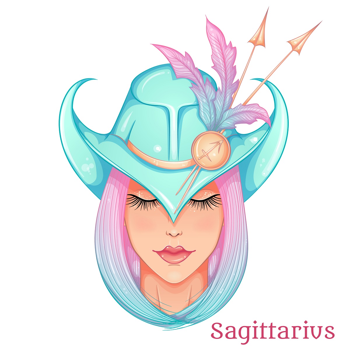O femeie frumoasă cu părul roz și o pălărie albastră cu săgeți prinse la ea pentru a reprezenta zodia Săgetătorului