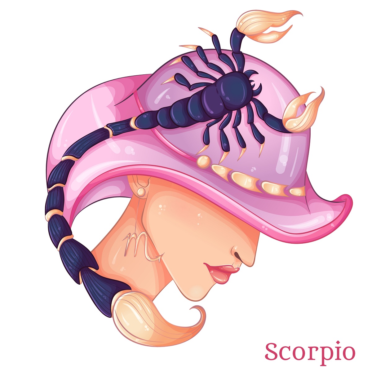 O femeie frumoasă cu o pălărie roz pe cap pe care se află prins un scorpion pentru a reprezenta zodia scorpionului