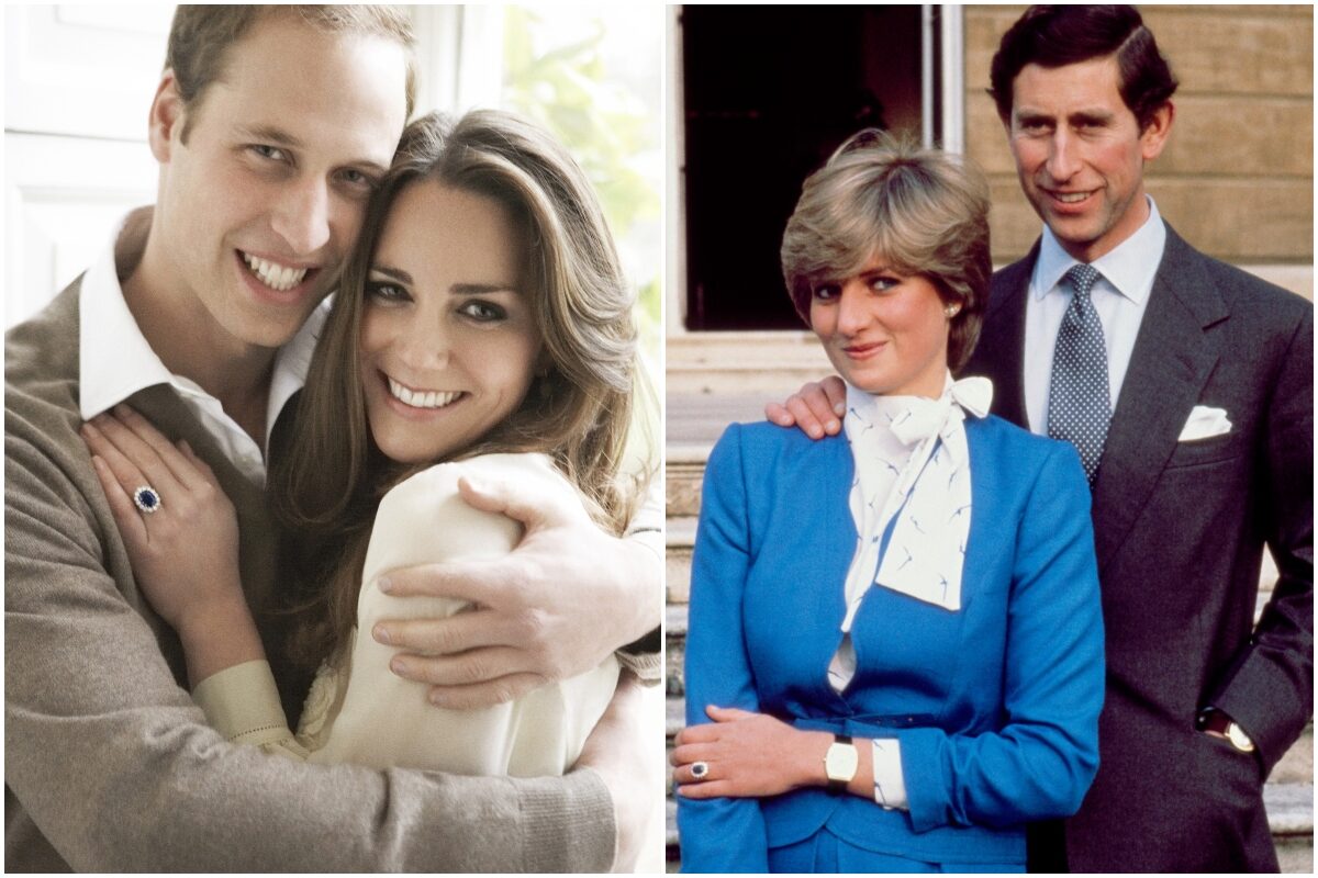 Colaj Kate Middleton și Prințul William și Prințesa Diana și prințul Charles. În prima poză, Kate și William sărbătoresc aniversarea logodnei, în a doua, Diana și Charles își anunță logodna. Kate și William poartă nuanțe de alb și bej. Diana poartă o rochie albastră, cu accente albe, Charles poartă un costum închis la culoare