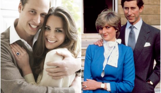 Colaj Kate Middleton și Prințul William și Prințesa Diana și prințul Charles. În prima poză, Kate și William sărbătoresc aniversarea logodnei, în a doua, Diana și Charles își anunță logodna. Kate și William poartă nuanțe de alb și bej. Diana poartă o rochie albastră, cu accente albe, Charles poartă un costum închis la culoare