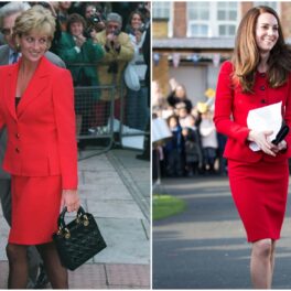 Colaj cu Prințesa Diana și Kate Middleton, ambele îmbrăcate în costum roșu, cu genți negre. Ambele sunt pe stradă