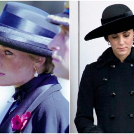 Remembrance Day în Marea Britanie, colaj cu Diana și kate Middleton. Amândouă poartă ținute negre, pălării negre și accesorii roșii în formă de mac