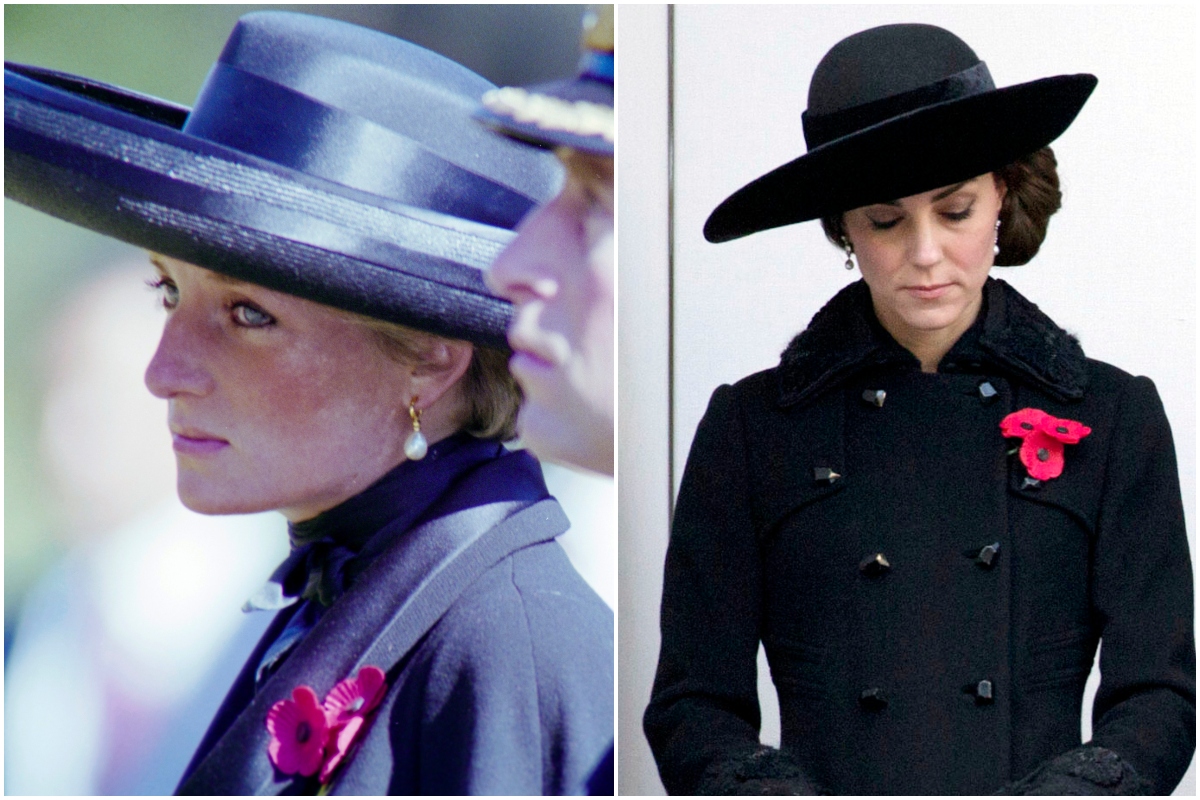 Remembrance Day în Marea Britanie, colaj cu Diana și kate Middleton. Amândouă poartă ținute negre, pălării negre și accesorii roșii în formă de mac