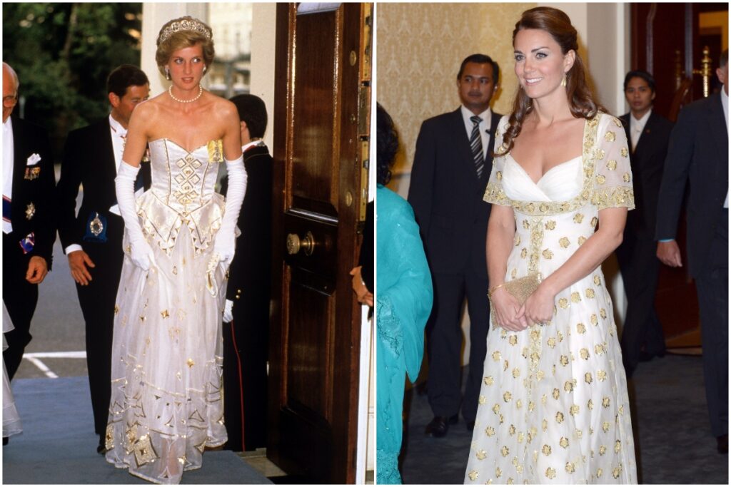 Colaj cu Prințesa Diana și Kate Middleton, ambele îmbrăcate în rochii albe cu accente aurii