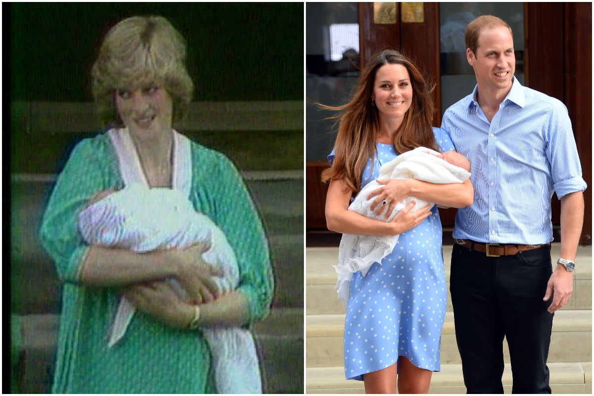 Colaj Diana și Kate Middleton, cu bebelușii în brațe. Diana e îmbrăcată într-o rochie verde cu alb, Kate poartă o rochie albastră cu alb