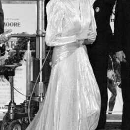 Prințesa Diana, într-o rochie argintie, lungă și elegantă, la premiera filmului A View to a Kill