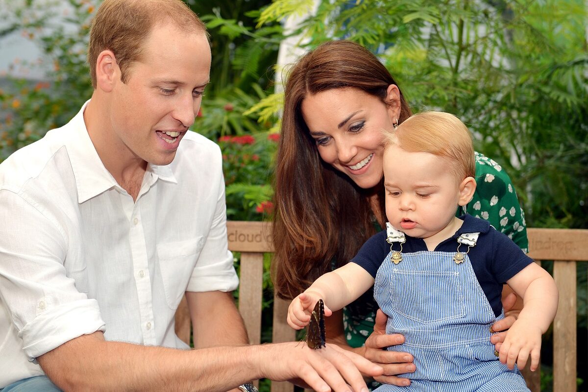 Imagine rară cu membrii Familiei Regale când erau bebeluși. Prințul William îi arată Prințului George un fluture, în timp ce se află în brațele mamei sale, Kate Middleton.