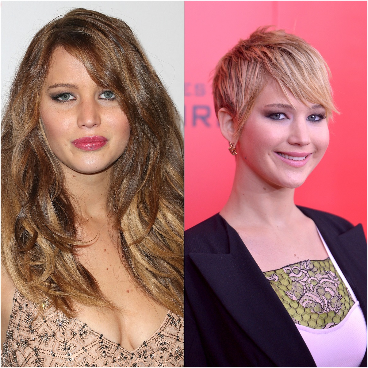 colaj cu Jennifer Lawrence care are părul lung într-una din imagini, iar în cealaltă are părul cu tunsoarea pixie lung