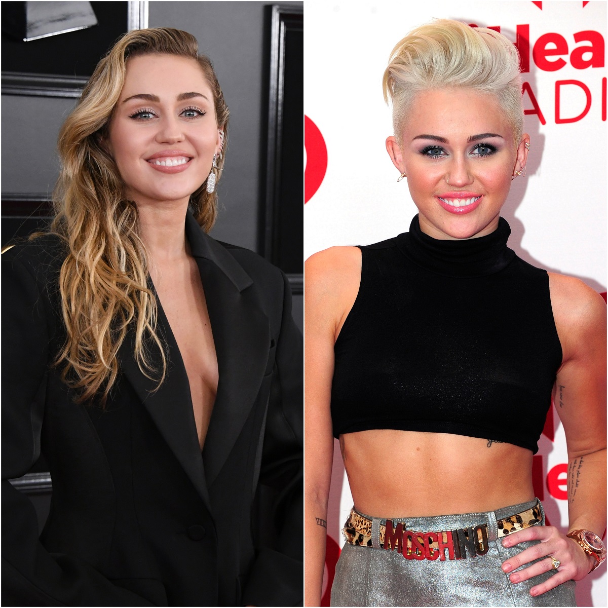 colaj cu cântăreața Miley Cyrus, având în prima poză părul lung și blond, iar în cea de-a doua urtând tunosoare pixie lung