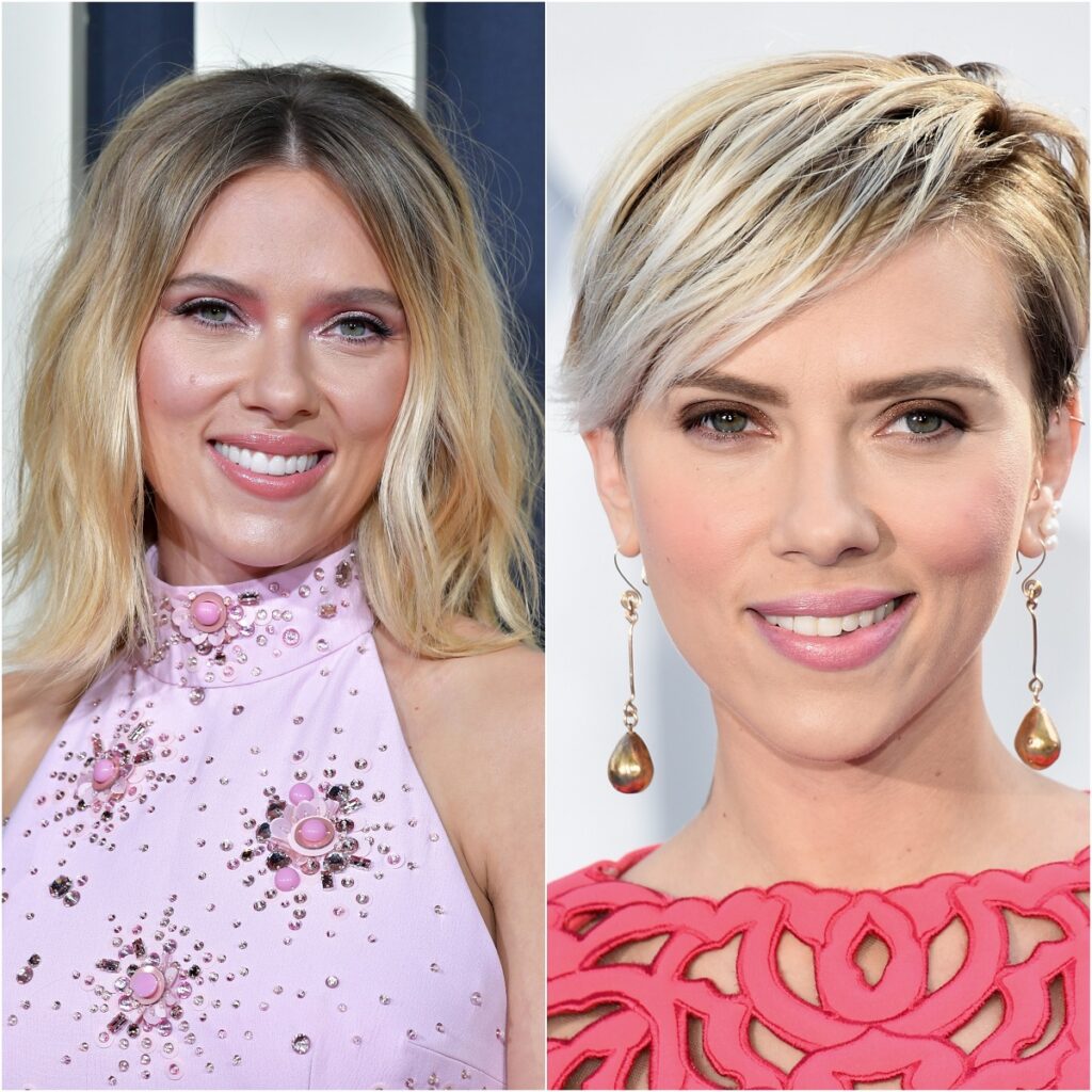 colaj cu actrița Scarlett Johansson care este blondă și are părul lung într-o imagine, iar în cealaltă scurt, tuns pixie