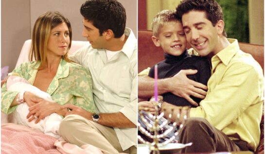 Colaj cu imagini din Friends, cu Ross Geller, Rachel Green, Ben Geller și Emma Geller Green. În prima imagine, Rachel o ține pe Emma în brațe și Ross e lângă ele pe pat. În a doua, Ross îl strânge în brațe pe Ben. Copiii din serialul Friends s-au schimbat foarte mult de la terminarea serialului