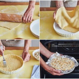 Colaj de poze cu pașii de preparare a aluatului pentru tartă cu dovleac și nuci