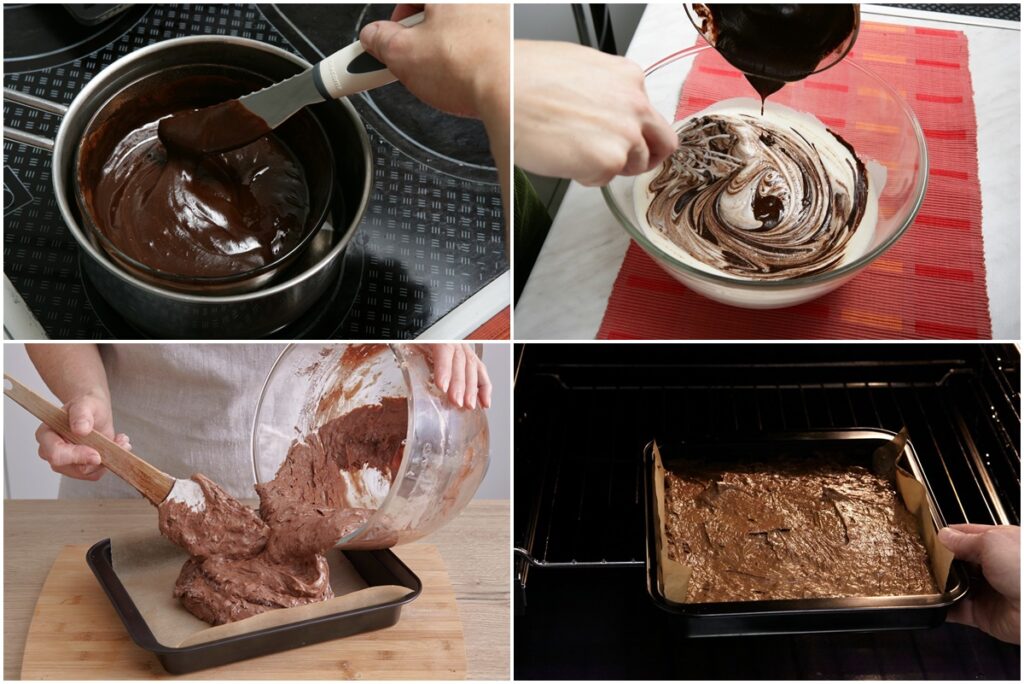 Colaj de poze cu pașii de prepararea a rețetei de brownies